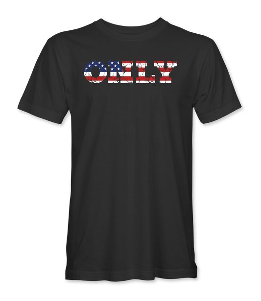 The Alex Jones Store - Front of black America Only Flag t-shirt with ONLY in block letters filled with a weathered American flag