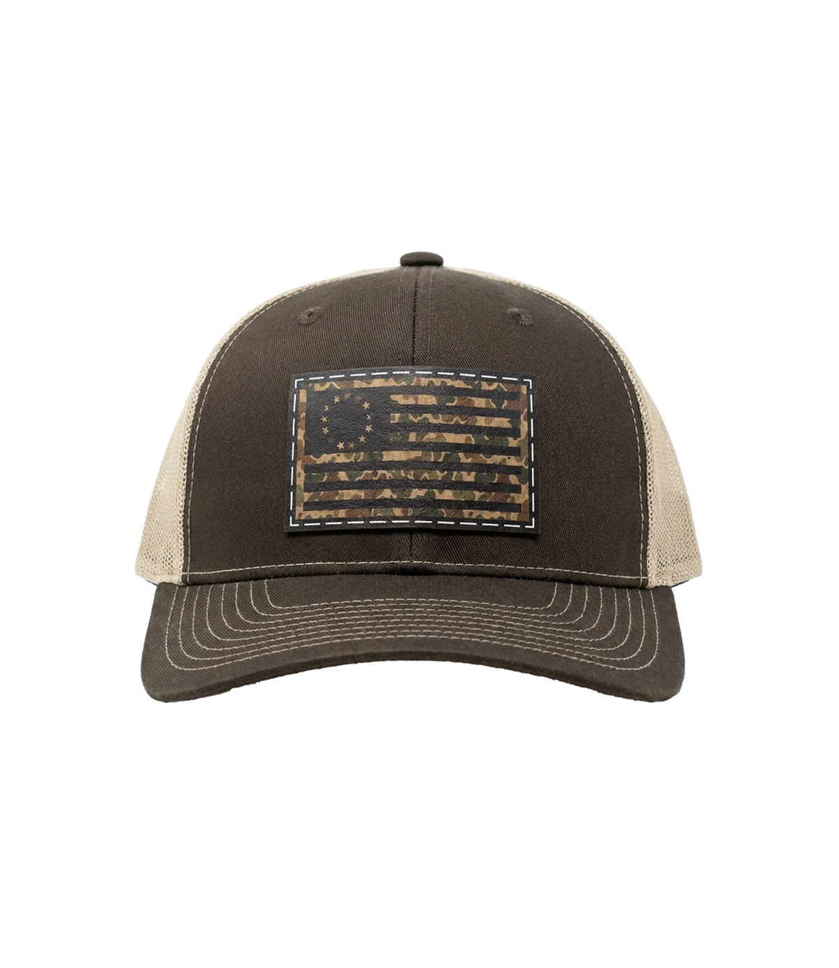 The Alex Jones Store - Betsy Ross Camo Flag Leather Patch Trucker Hat - front