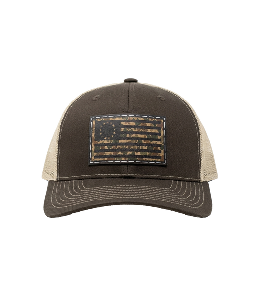The Alex Jones Store - Betsy Ross Camo Flag Leather Patch Trucker Hat - front