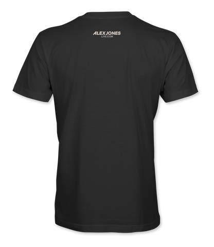 The Alex Jones Store - Back of black Lord Make Me Fast And Accurate t-shirt with Alex Jones Live logo
