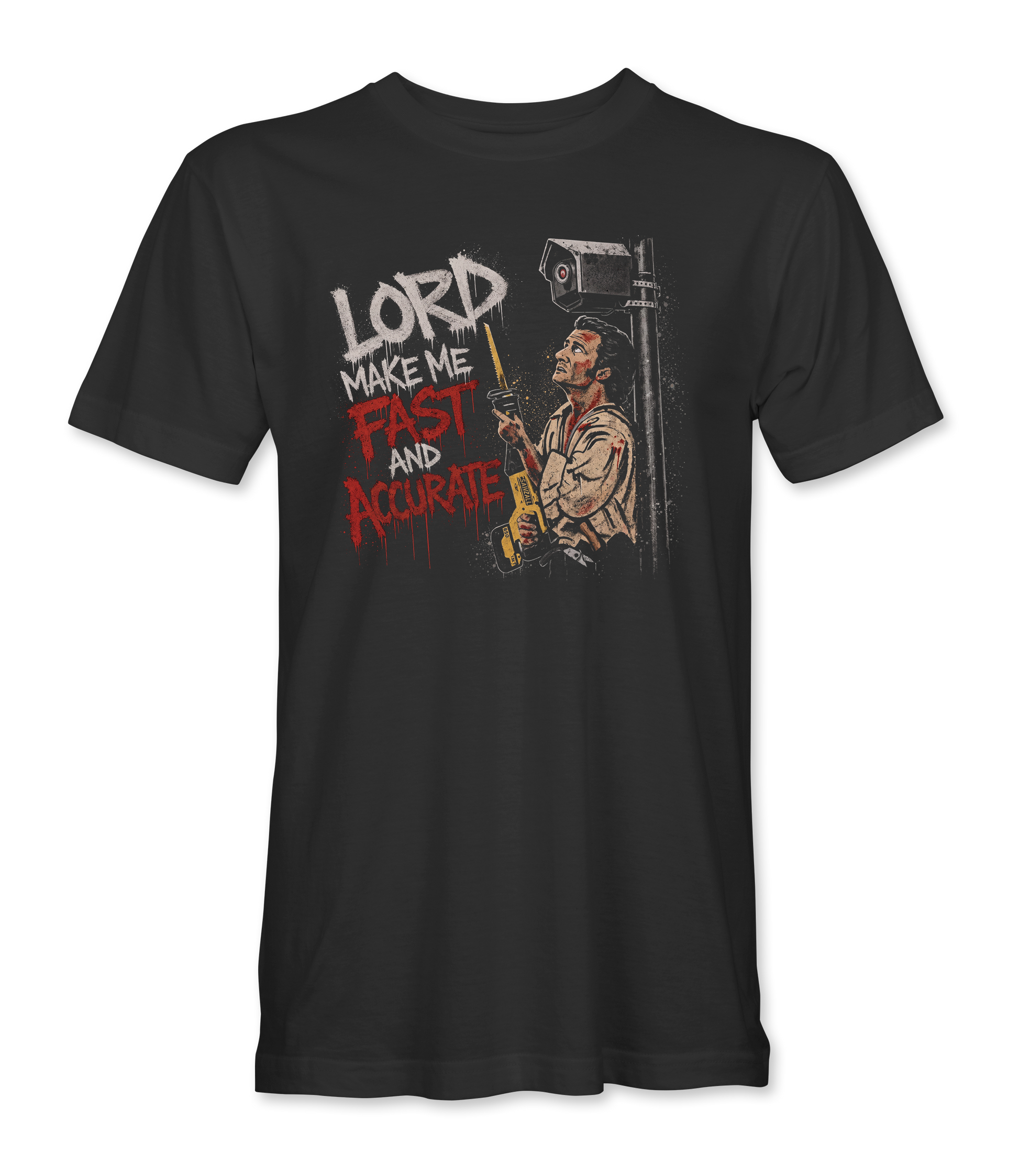 The Alex Jones Store - Front of black Lord Make Me Fast And Accurate t-shirt with surveillance camera graphic