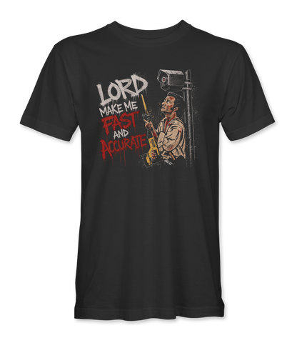 The Alex Jones Store - Front of black Lord Make Me Fast And Accurate t-shirt with surveillance camera graphic