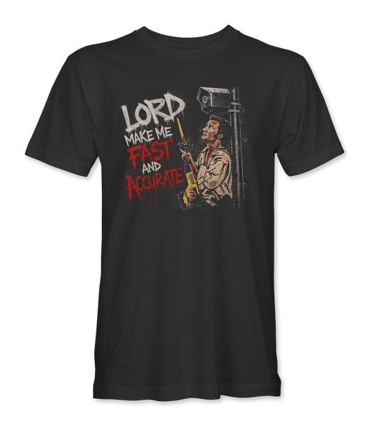The Alex Jones Store - Front of black Lord Make Me Fast And Accurate t-shirt with surveillance camera graphic