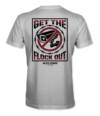 The Alex Jones Store - Back of white Get The Flock Out t-shirt with crossed-out surveillance camera and barbed wire design