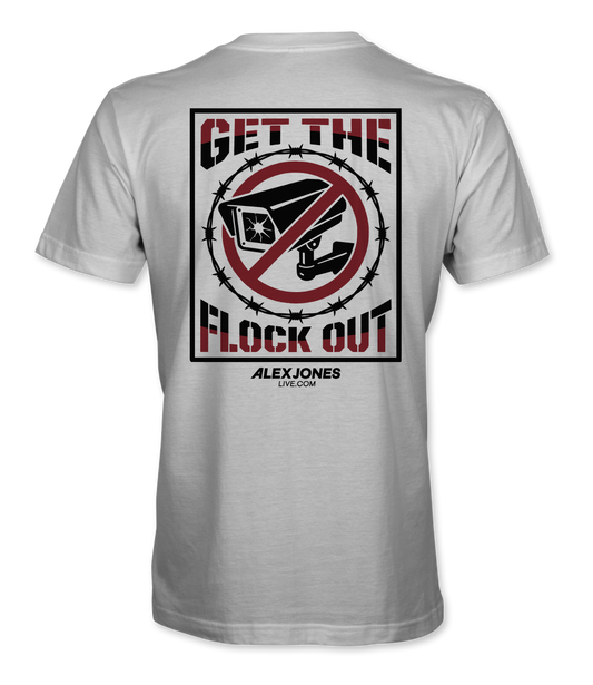 The Alex Jones Store - Back of white Get The Flock Out t-shirt with crossed-out surveillance camera and barbed wire design