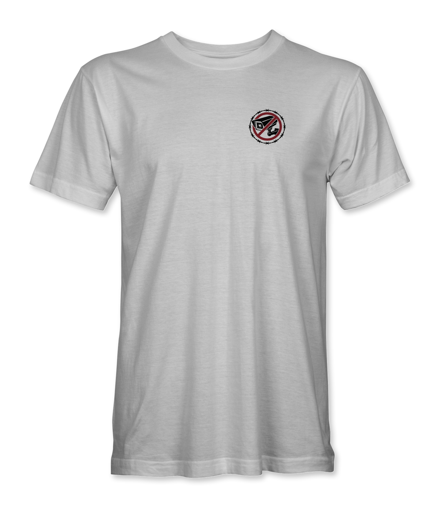 The Alex Jones Store - Front of white Get The Flock Out t-shirt with small left-chest no-surveillance-camera logo