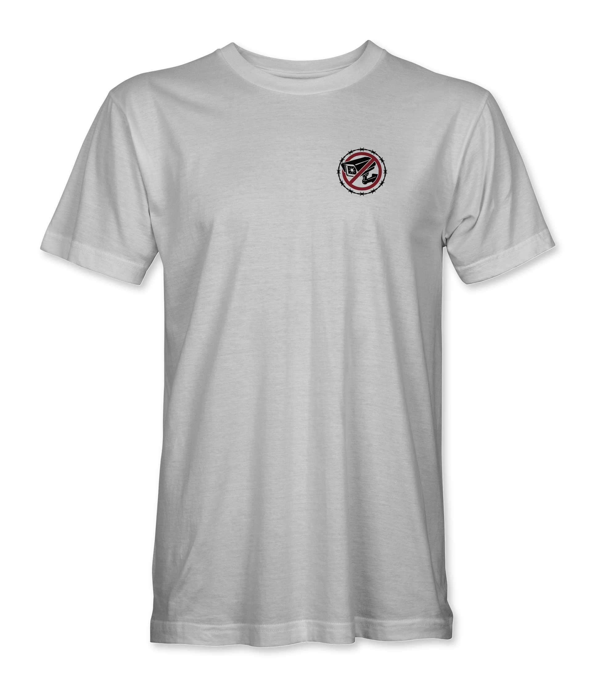 The Alex Jones Store - Front of white Get The Flock Out t-shirt with small left-chest no-surveillance-camera logo