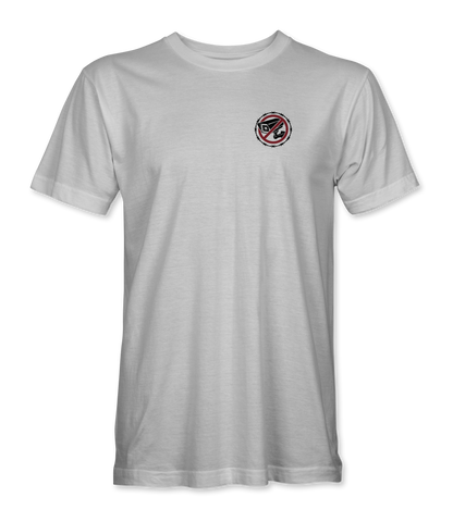 The Alex Jones Store - Front of white Get The Flock Out t-shirt with small left-chest no-surveillance-camera logo