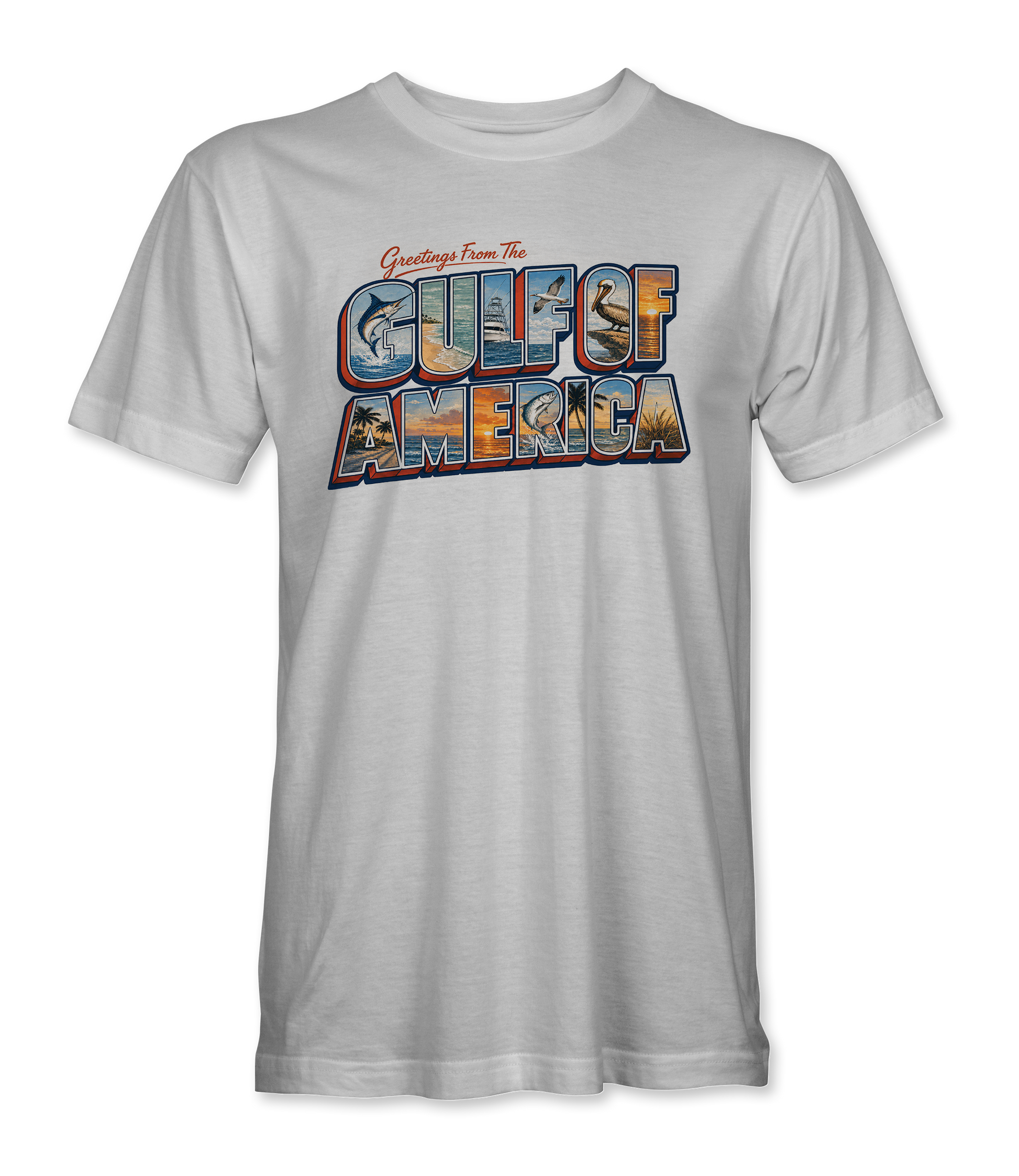 The Alex Jones Store - Front of white Greetings From The Gulf of America retro postcard t-shirt