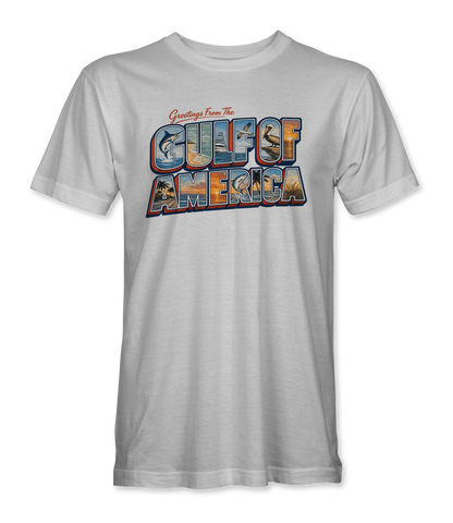 The Alex Jones Store - Front of white Greetings From The Gulf of America retro postcard t-shirt