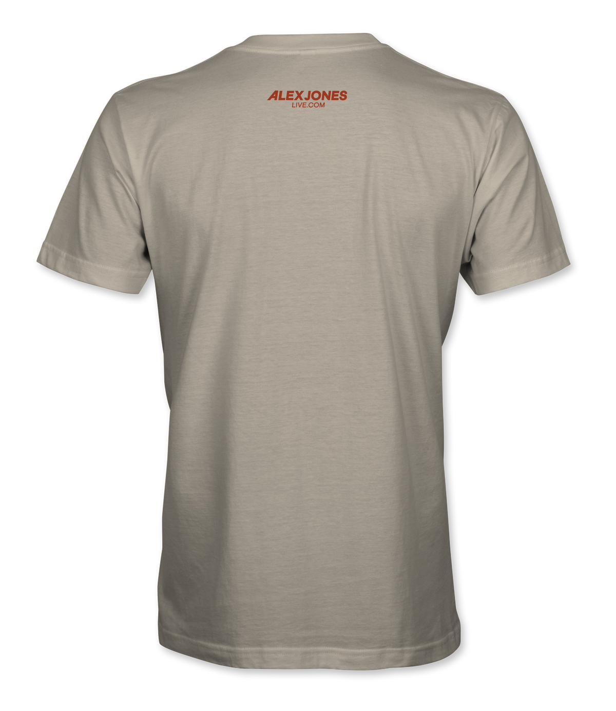The Alex Jones Store - Back of tan Gulf of America Paradise Found t-shirt with Alex Jones Live logo