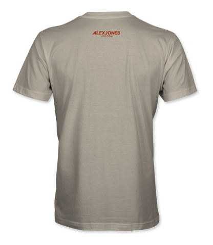 The Alex Jones Store - Back of tan Gulf of America Paradise Found t-shirt with Alex Jones Live logo