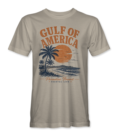 The Alex Jones Store - Front of tan Gulf of America Paradise Found sunset and palm trees t-shirt