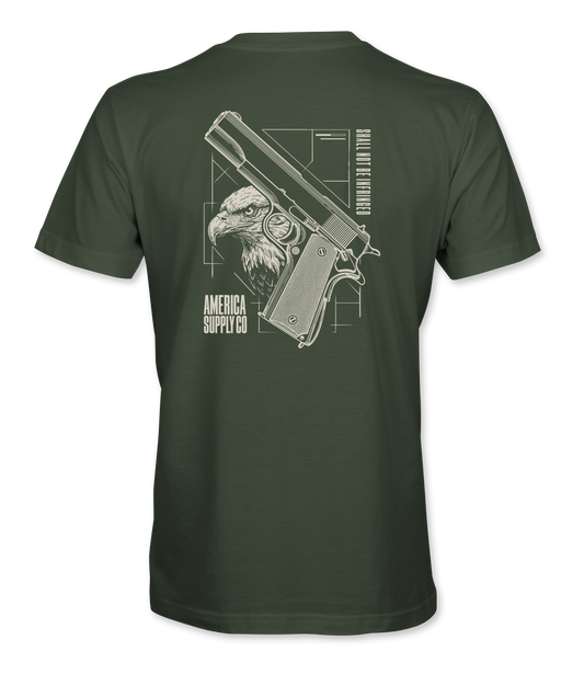 The Alex Jones Store - Back of olive green Shall Not Be Infringed t-shirt with bald eagle and 1911 pistol blueprint design