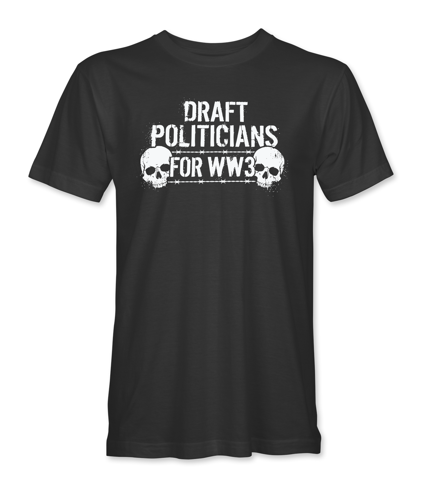 The Alex Jones Store - Black 'Draft Politicians For WW3' Limited Edition tee with white grunge text, barbed wire and twin skulls graphic