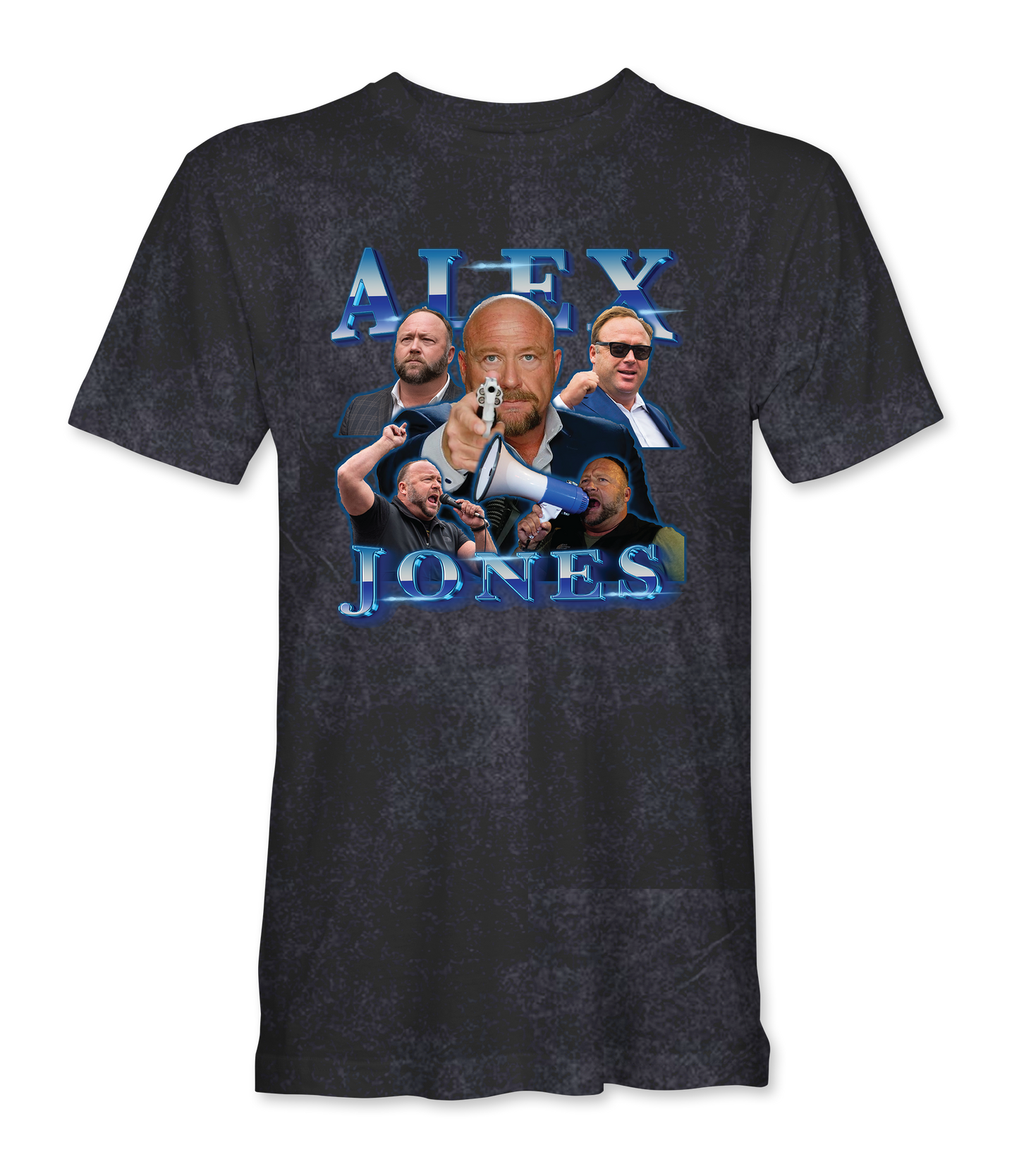 The Alex Jones Store - Front of Vintage Black Alex Jones retro collage limited edition mineral wash t-shirt