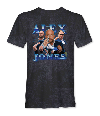 The Alex Jones Store - Front of Vintage Black Alex Jones retro collage limited edition mineral wash t-shirt