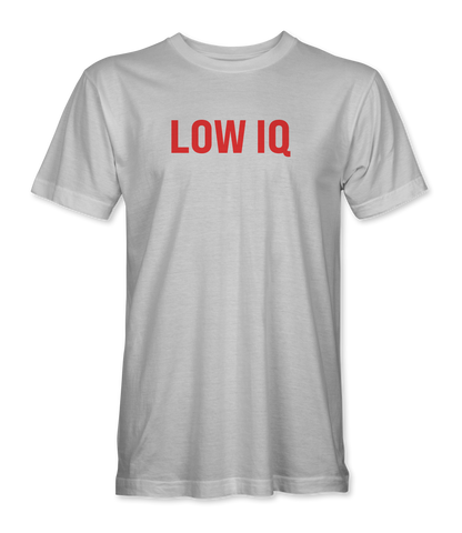 The Alex Jones Store - White 'Low IQ' Limited Edition t-shirt with bold red block lettering across the front chest, unisex premium tee