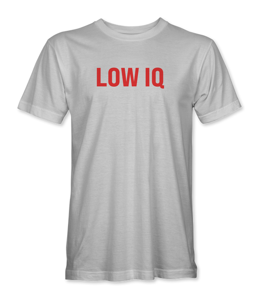 The Alex Jones Store - White 'Low IQ' Limited Edition t-shirt with bold red block lettering across the front chest, unisex premium tee