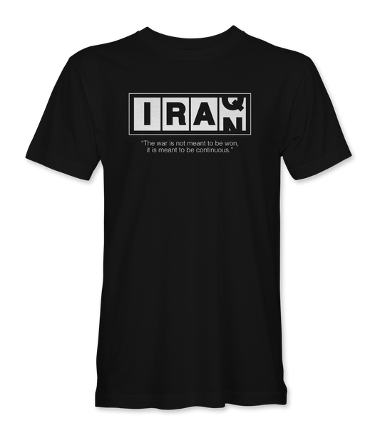 The Alex Jones Store - Black t-shirt with sliding 'IRAN/IRAQ' tile graphic and 'The war is not meant to be won, it is meant to be continuous' quote