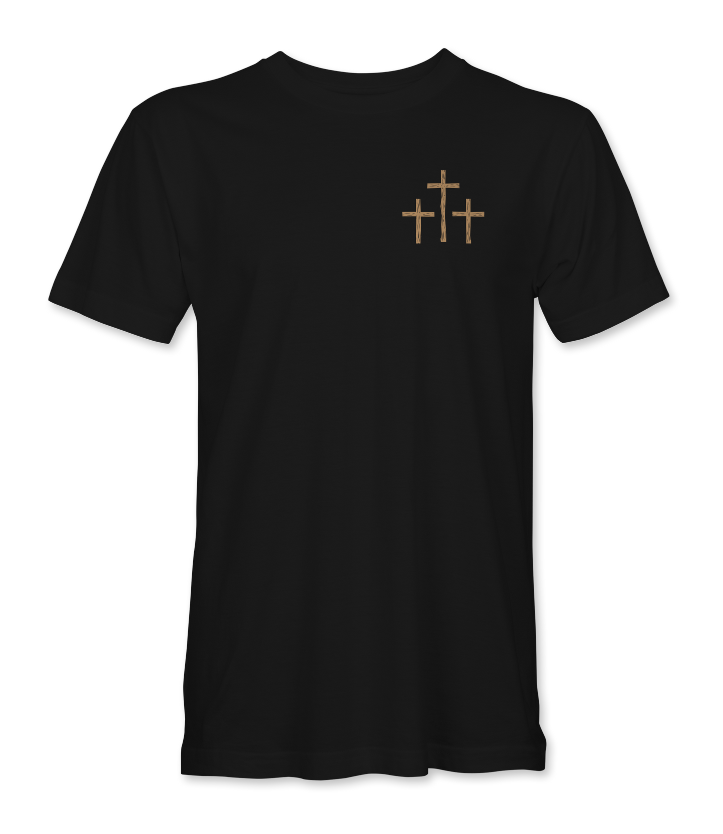 The Alex Jones Store - Front of black 'A Lot Can Happen In Three Days' t-shirt with small tan three-crosses graphic at left chest