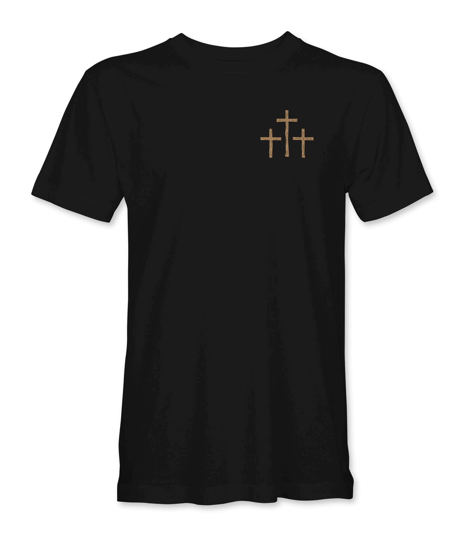 The Alex Jones Store - Front of black 'A Lot Can Happen In Three Days' t-shirt with small tan three-crosses graphic at left chest
