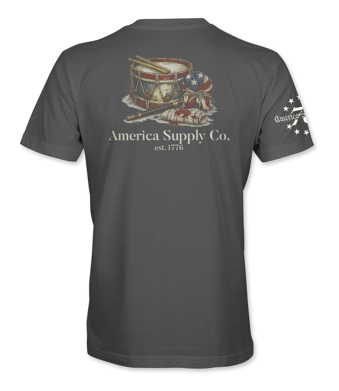 The Alex Jones Store - Back view of gray America Supply Co. 'Est. 1776' t-shirt with vintage drum, fife, and American flag print