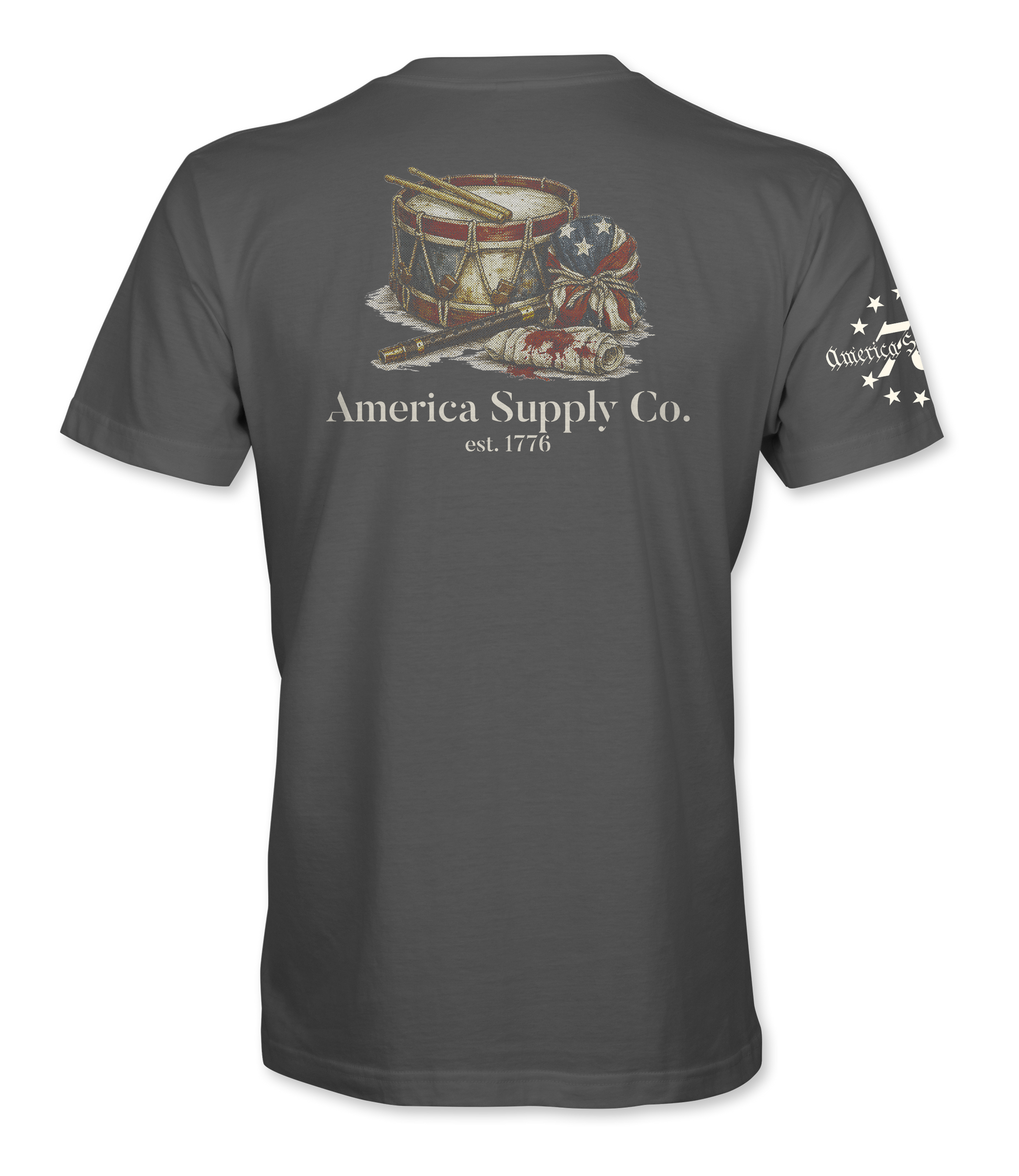 The Alex Jones Store - Back view of gray America Supply Co. 'Est. 1776' t-shirt with vintage drum, fife, and American flag print