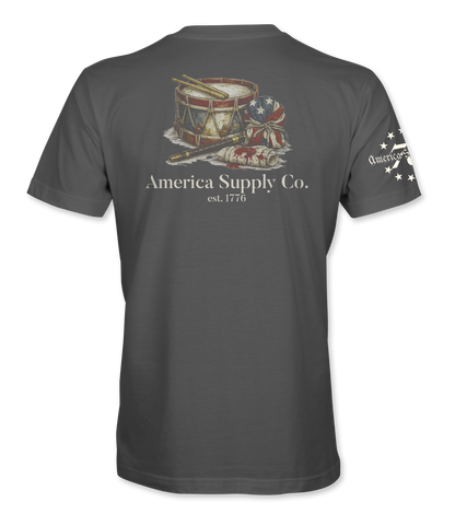 The Alex Jones Store - Back view of gray America Supply Co. 'Est. 1776' t-shirt with vintage drum, fife, and American flag print