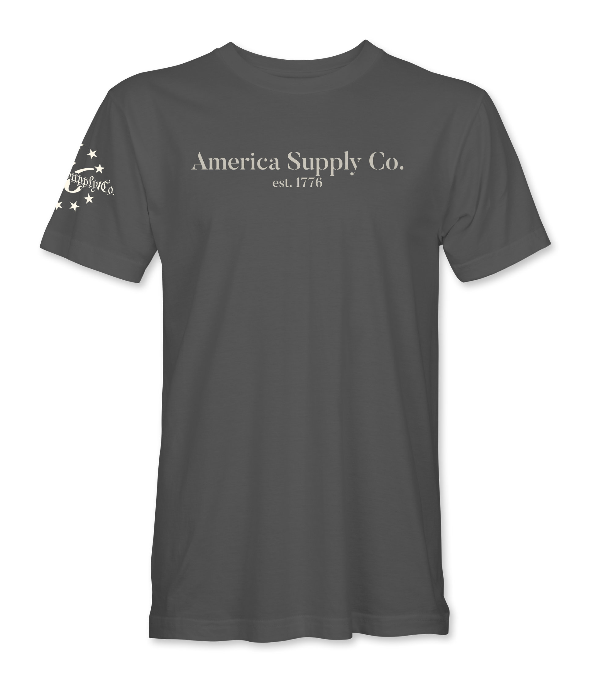 The Alex Jones Store - Front view of gray America Supply Co. 'Est. 1776' t-shirt with center chest text and stars sleeve detail