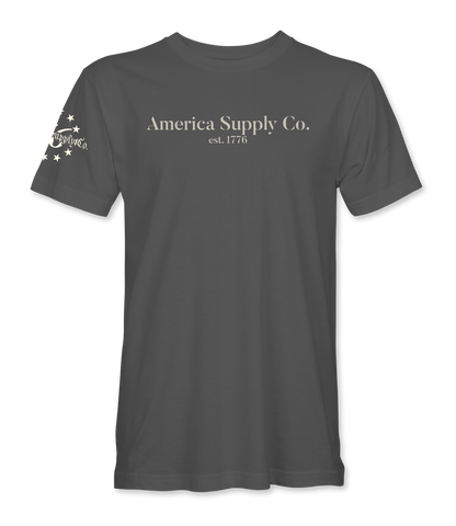 The Alex Jones Store - Front view of gray America Supply Co. 'Est. 1776' t-shirt with center chest text and stars sleeve detail
