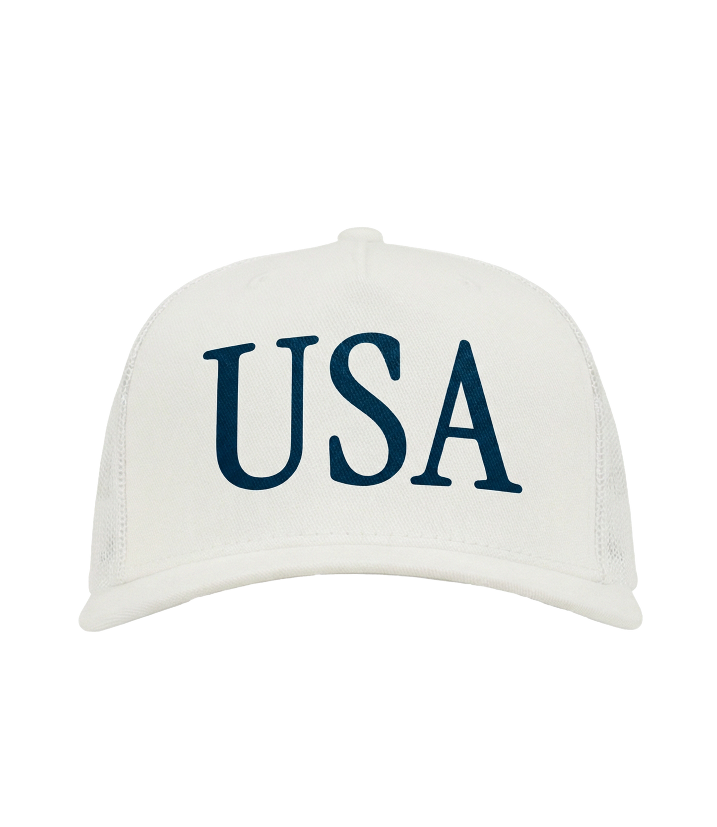 The Alex Jones Store - White 'USA' Premium Trucker Hat with navy serif USA lettering on structured front panel, front view