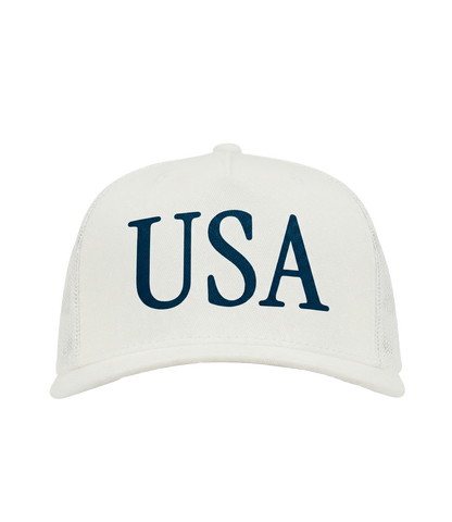 The Alex Jones Store - White 'USA' Premium Trucker Hat with navy serif USA lettering on structured front panel, front view