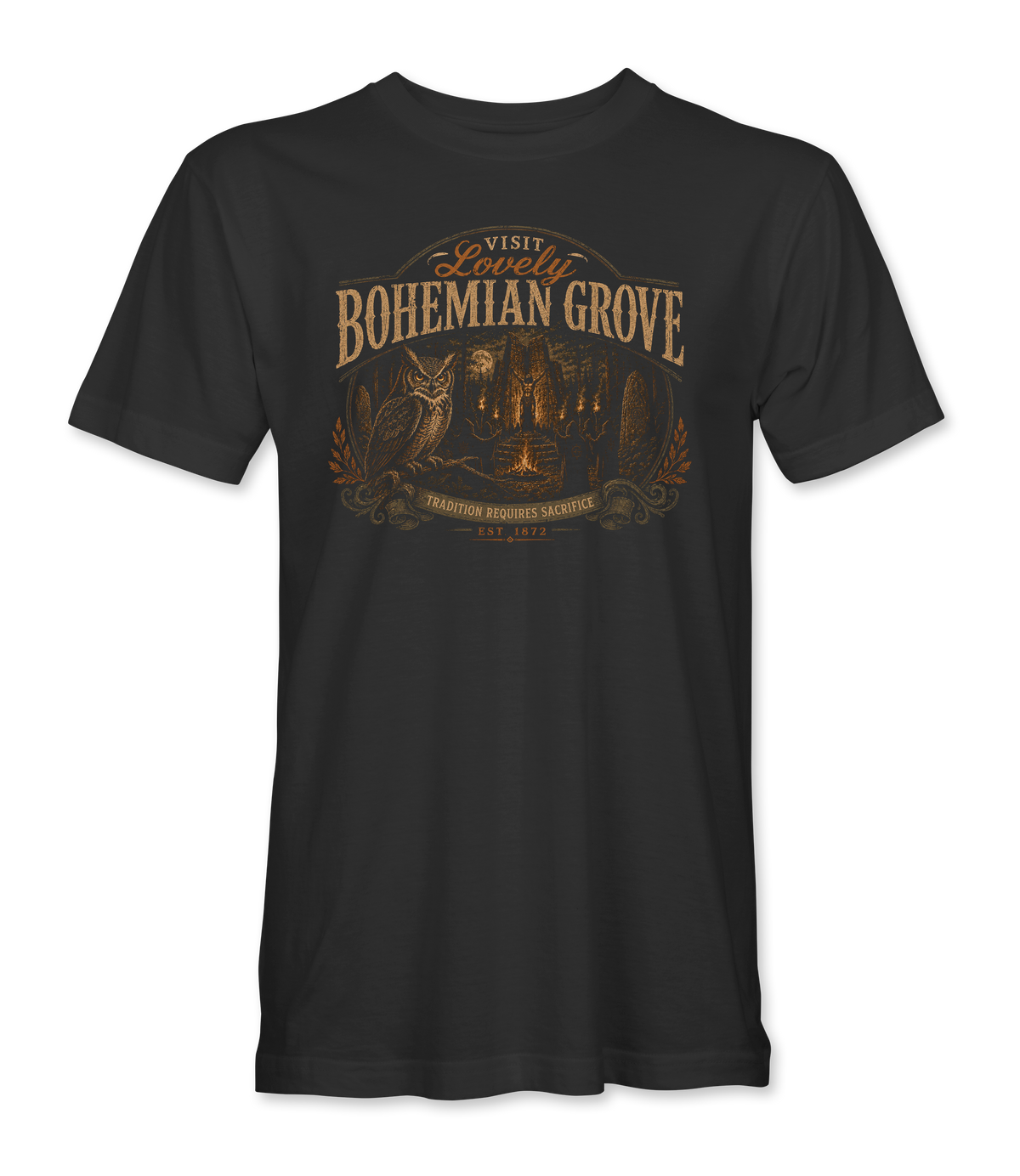 The Alex Jones Store - black Bohemian Grove t-shirt with a vintage travel label reading VISIT Lovely BOHEMIAN GROVE over an owl, a bonfire and TRADITION REQUIRES SACRIFICE
