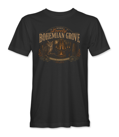 The Alex Jones Store - black Bohemian Grove t-shirt with a vintage travel label reading VISIT Lovely BOHEMIAN GROVE over an owl, a bonfire and TRADITION REQUIRES SACRIFICE