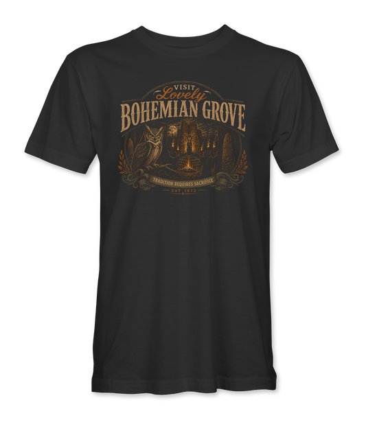 The Alex Jones Store - black Bohemian Grove t-shirt with a vintage travel label reading VISIT Lovely BOHEMIAN GROVE over an owl, a bonfire and TRADITION REQUIRES SACRIFICE