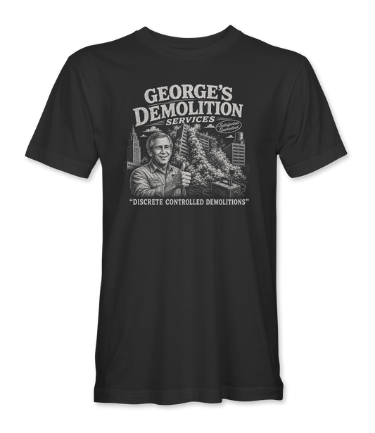 The Alex Jones Store - black George's Demolition Services t-shirt with a vintage engraved advertisement for GEORGE'S DEMOLITION SERVICES — DISCRETE CONTROLLED DEMOLITIONS