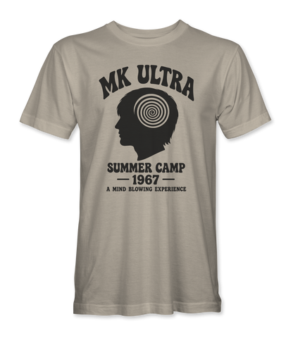 The Alex Jones Store - sand MK Ultra Summer Camp t-shirt with arched MK ULTRA wordmark over a hypnotic spiral inside a profile silhouette, with SUMMER CAMP 1967 beneath