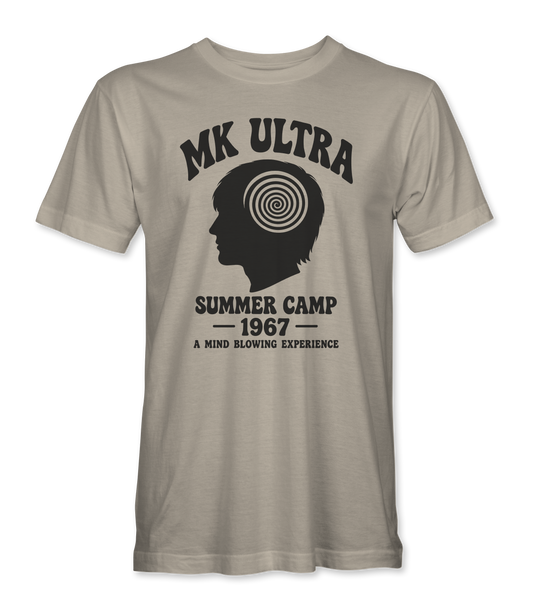 The Alex Jones Store - sand MK Ultra Summer Camp t-shirt with arched MK ULTRA wordmark over a hypnotic spiral inside a profile silhouette, with SUMMER CAMP 1967 beneath
