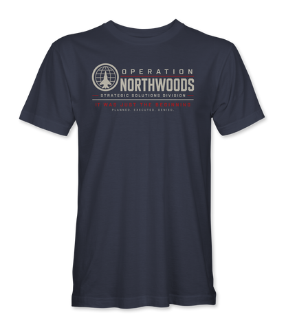 The Alex Jones Store - navy Operation Northwoods t-shirt with a globe-and-fighter-jet roundel beside OPERATION NORTHWOODS, with PLANNED. EXECUTED. DENIED. underneath