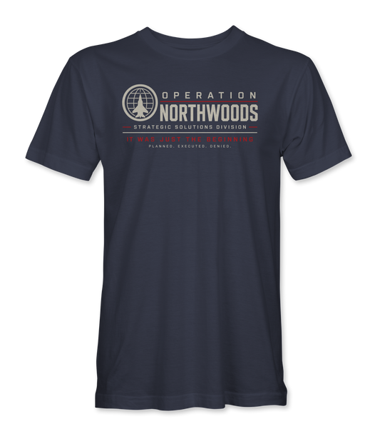The Alex Jones Store - navy Operation Northwoods t-shirt with a globe-and-fighter-jet roundel beside OPERATION NORTHWOODS, with PLANNED. EXECUTED. DENIED. underneath