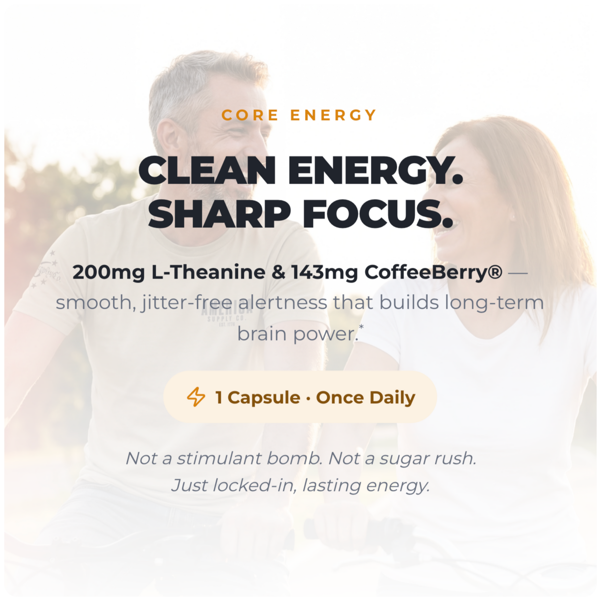 Alex Jones Naturals - Ultimate Energy - Natural Caffeine & L-Theanine (30 Capsules) (30 Servings) — Ultimate Energy 'Clean Energy. Sharp Focus.' graphic with 200mg L-theanine and 143mg CoffeeBerry, 1 capsule once daily