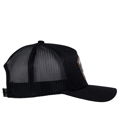 The Alex Jones Store - Support Your Local ICE Raid Trucker Patch Hat — Black trucker patch hat right side view showing curved brim, black mesh side panels and snapback closure