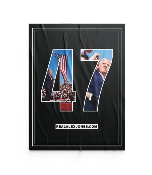 The Alex Jones Store - Big Guy '47' Limited Edition fundraiser poster with Trump rally photos inside large white '47' on black background