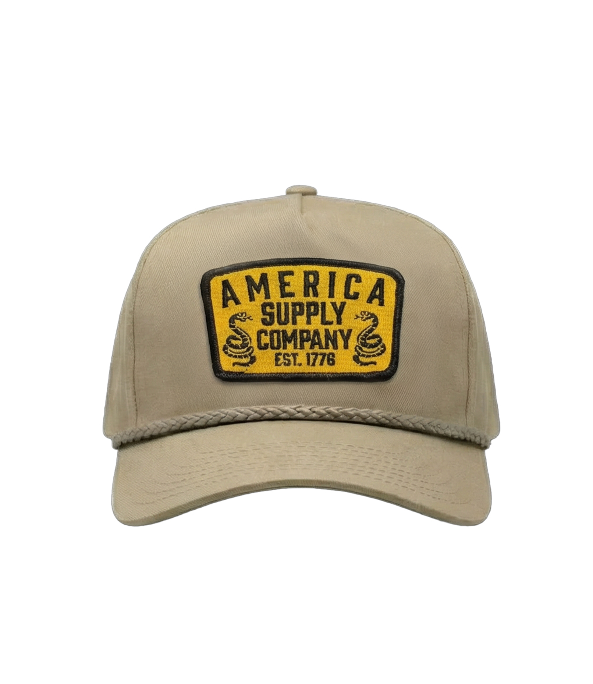 The Alex Jones Store - Front view of tan rope-brim cap with yellow America Supply Company Est. 1776 patch featuring twin rattlesnake design