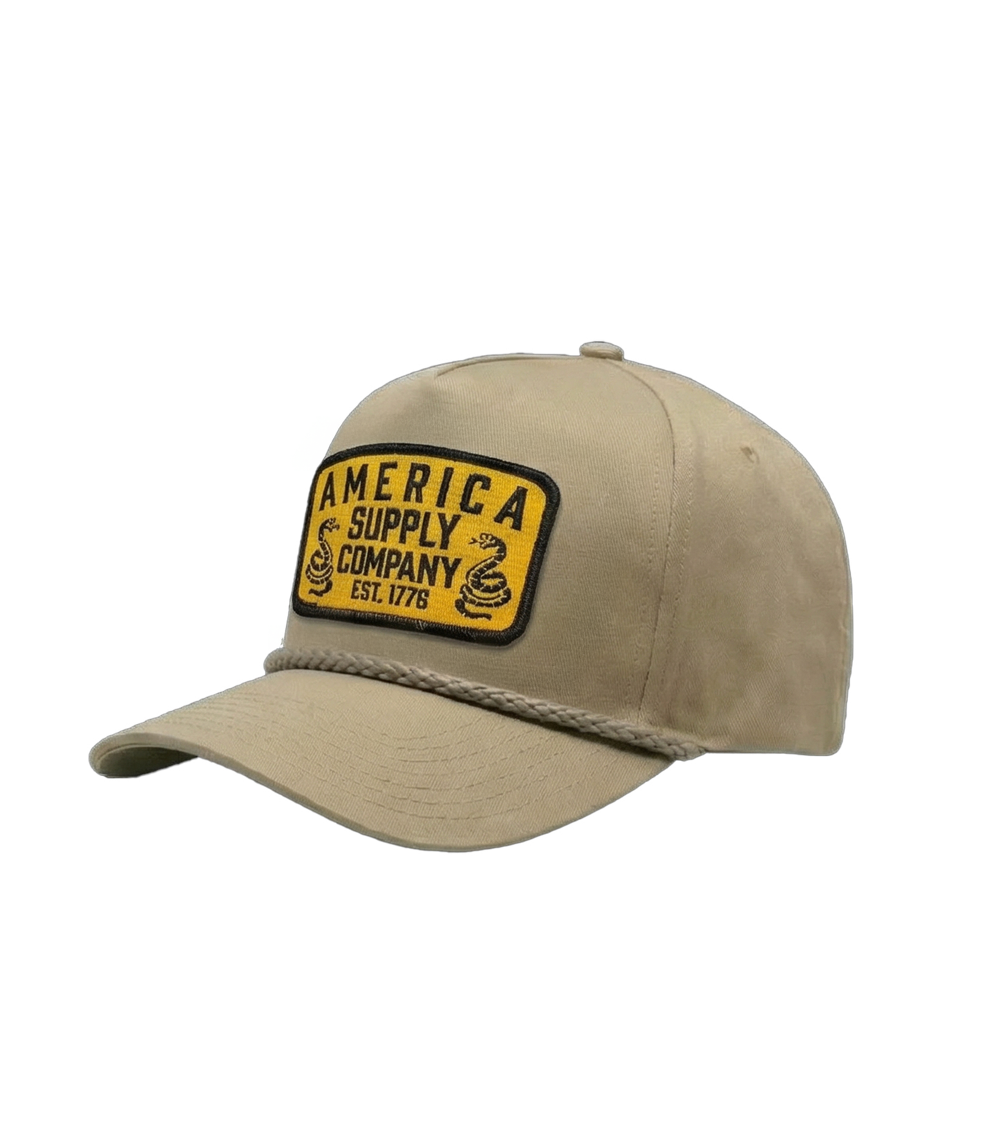 The Alex Jones Store - Side angle of tan America Supply Company patch hat showing yellow rattlesnake patch and braided rope detail across crown