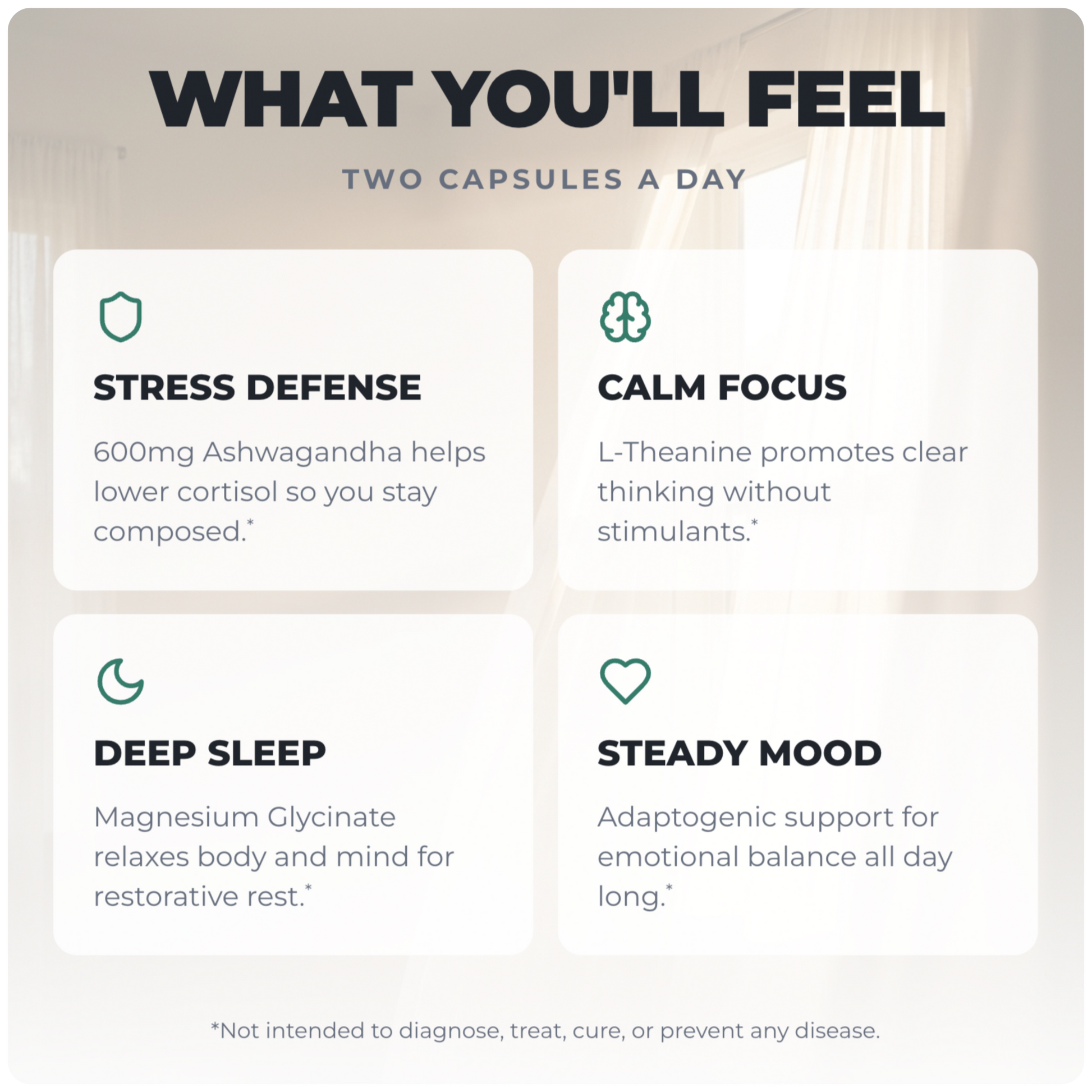 Alex Jones Naturals - Ultimate Chill - Deep Recovery & Stress Shield (60 Capsules)(30 Servings) — Ultimate Chill 'What You'll Feel' benefits chart: stress defense, calm focus, deep sleep, steady mood from 2 capsules daily