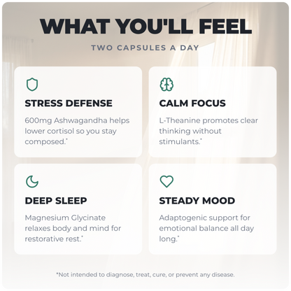 Alex Jones Naturals - Ultimate Chill - Deep Recovery & Stress Shield (60 Capsules)(30 Servings) — Ultimate Chill 'What You'll Feel' benefits chart: stress defense, calm focus, deep sleep, steady mood from 2 capsules daily