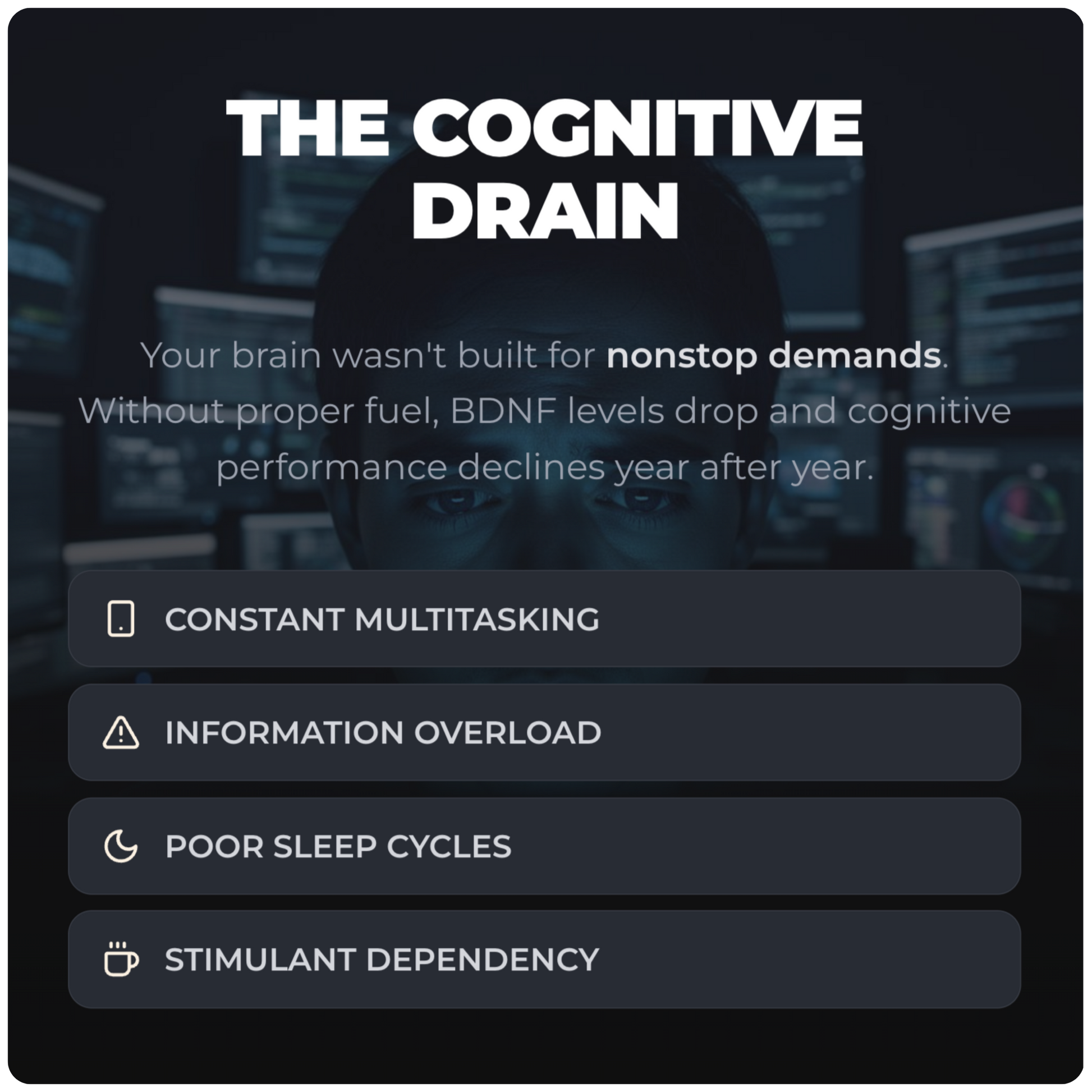Alex Jones Naturals - Ultimate Energy - Natural Caffeine & L-Theanine (30 Capsules) (30 Servings) — Ultimate Energy 'The Cognitive Drain' graphic on multitasking, information overload, poor sleep and stimulant dependency