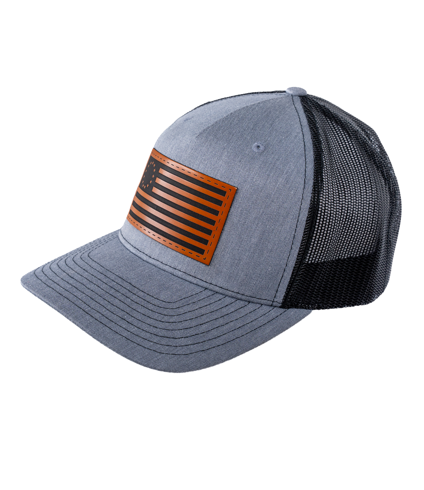 The Alex Jones Store - Three-quarter view of heather grey Betsy Ross American Flag leather patch trucker hat with black mesh back panel
